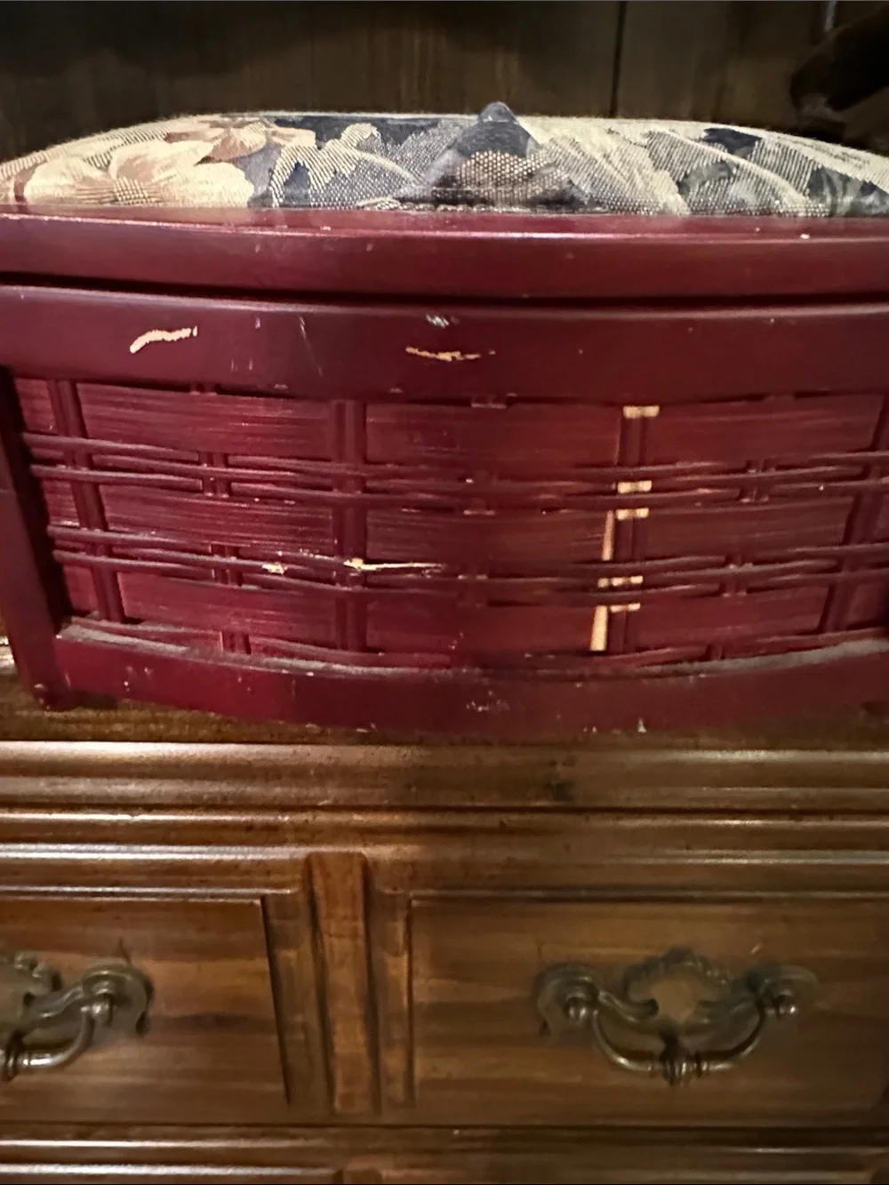 Vintage Red Woven Sewing Box with Floral Padded Top
